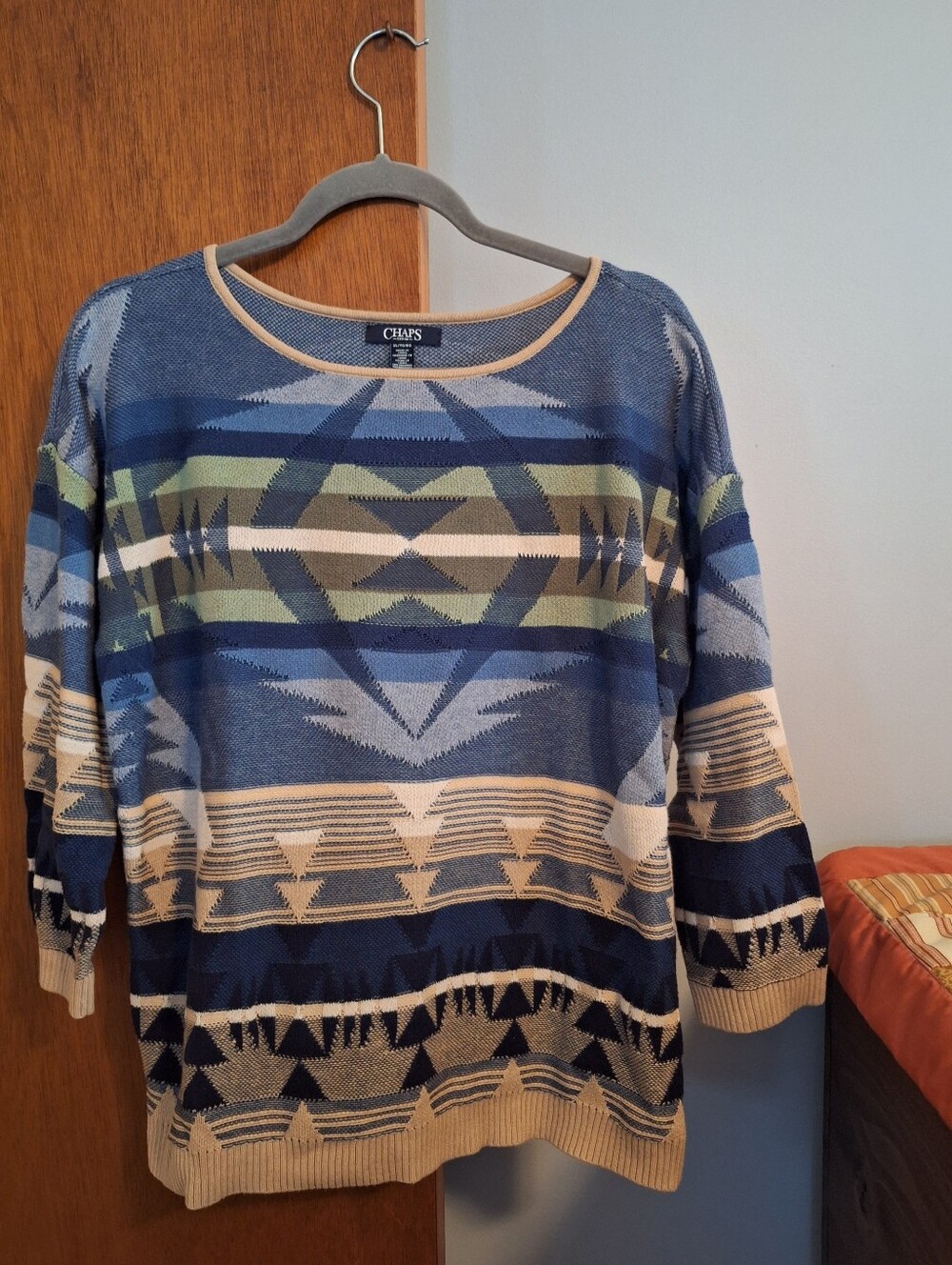 Chaps Denim Vintage Blue Multicolor Geometric Aztec Knit Pullover Women Size L